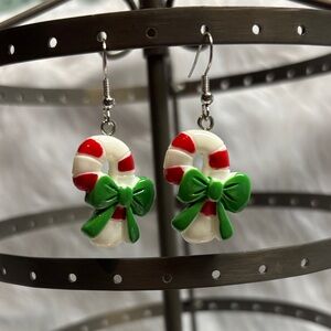 Candy Cane Earrings with Green Bow